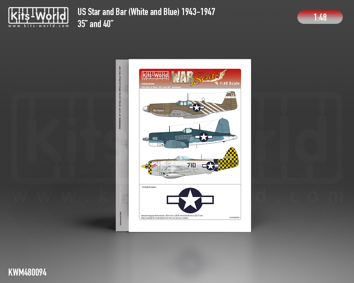 Kitsworld Kitsworld 1:48 scale USAAF Stars and Bars 35'inch and 40' inch 1943 - 1947 Kitsworld Stencil Paint Masks 1:48 scale USAAF Star and Bars~ 